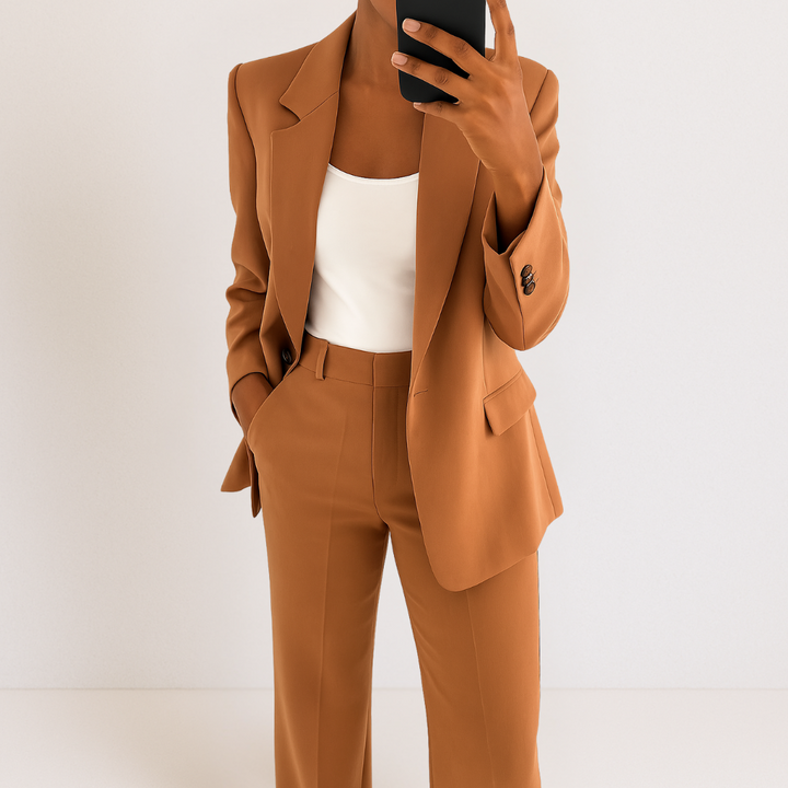 Terno feminino elegante de duas peças, um conjunto clássico e versátil para todas as mulheres.