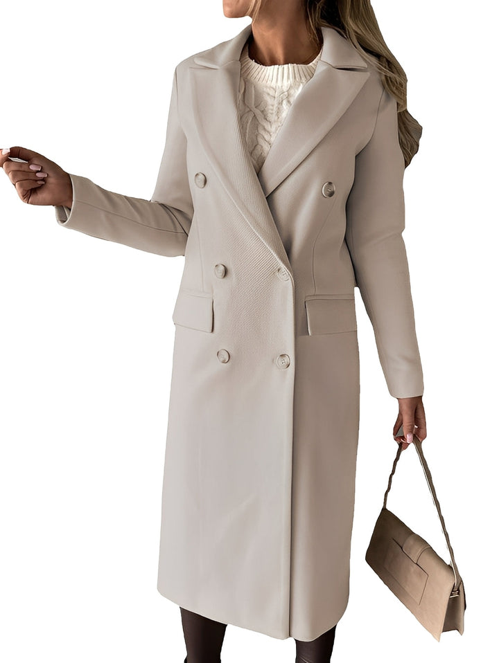 Trench coat feminino elegante para outono/inverno, um sobretudo clássico de moda para vestuário formal.