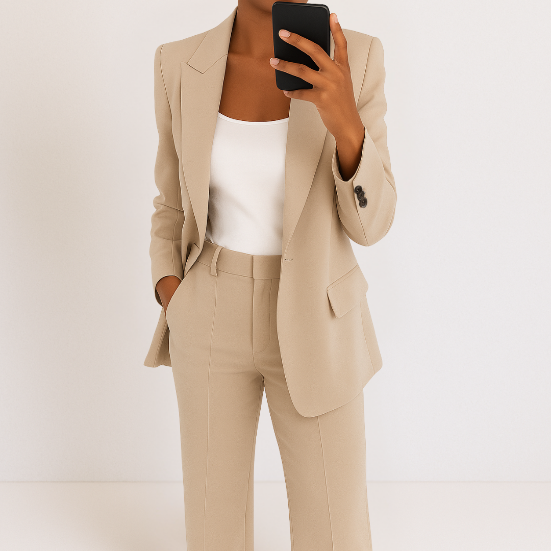 Conjunto feminino casual chic de duas peças, terno elegante ideal para um look moderno e sofisticado.
