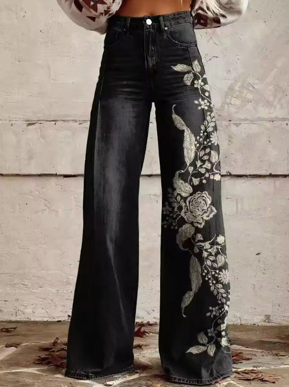 Calças femininas retrô boho chic com cintura alta e pernas largas, estampa vintage boêmia para conforto e estilo.