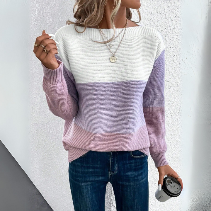 Suéter elegante feminino tricolor patchwork, perfeito para conforto no inverno. Blusa de frio moderna e quente.