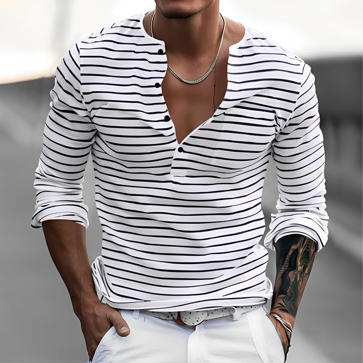 Camisa masculina listrada de manga longa, ideal para estilo casual ou elegante. Conforto e tendência em moda masculina.