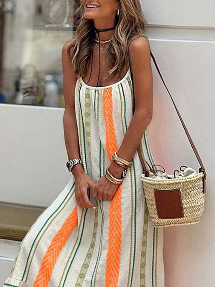 Vestido solto boho estampado laranja com alças, moda feminina. Perfeito para look casual e dias quentes.