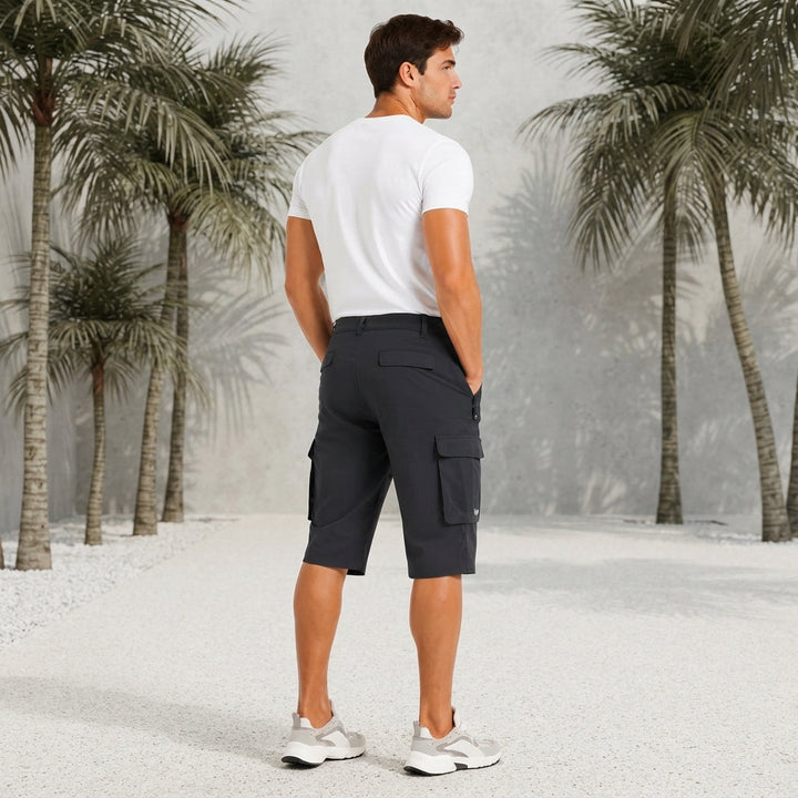 Shorts masculinos cargo flexíveis, ideais para o dia a dia e viagens. Conforto e praticidade na moda masculina casual.