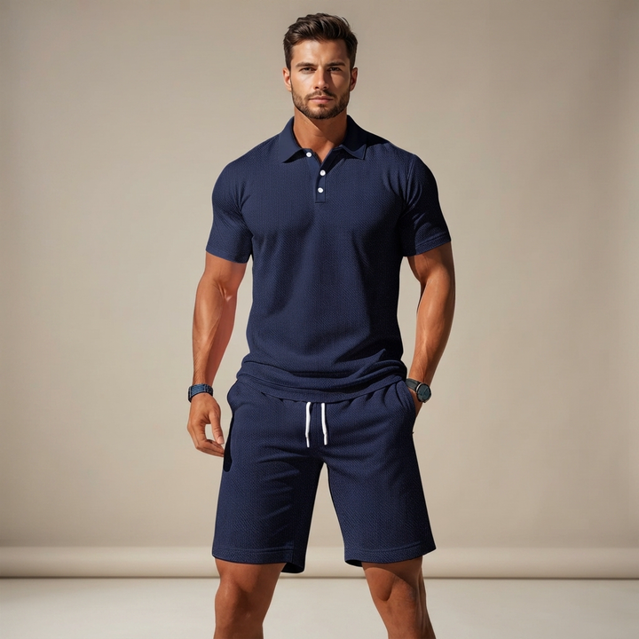 Conjunto shorts e camisa masculino, casual e confortável para o verão. Estilo descontraído e moderno.
