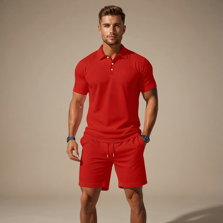 Conjunto coordenado masculino Ollie. Camisa e shorts para um look casual de verão, praia ou viagem.