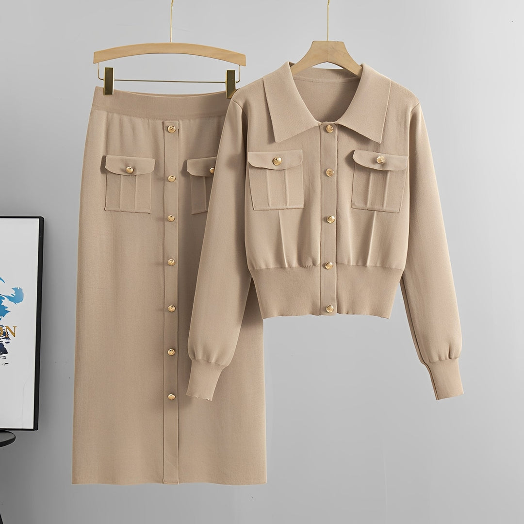 Conjunto feminino elegante com cardigã de colarinho e saia midi. Perfeito para outono/inverno, moda versátil e confortável.