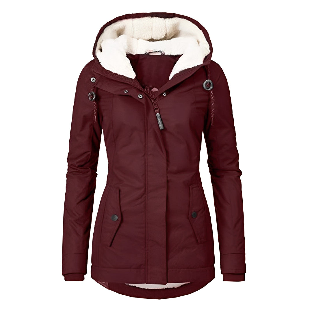Casaco outwear feminino durável, impermeável e quente, com capuz, para atividades e proteção completa no inverno.