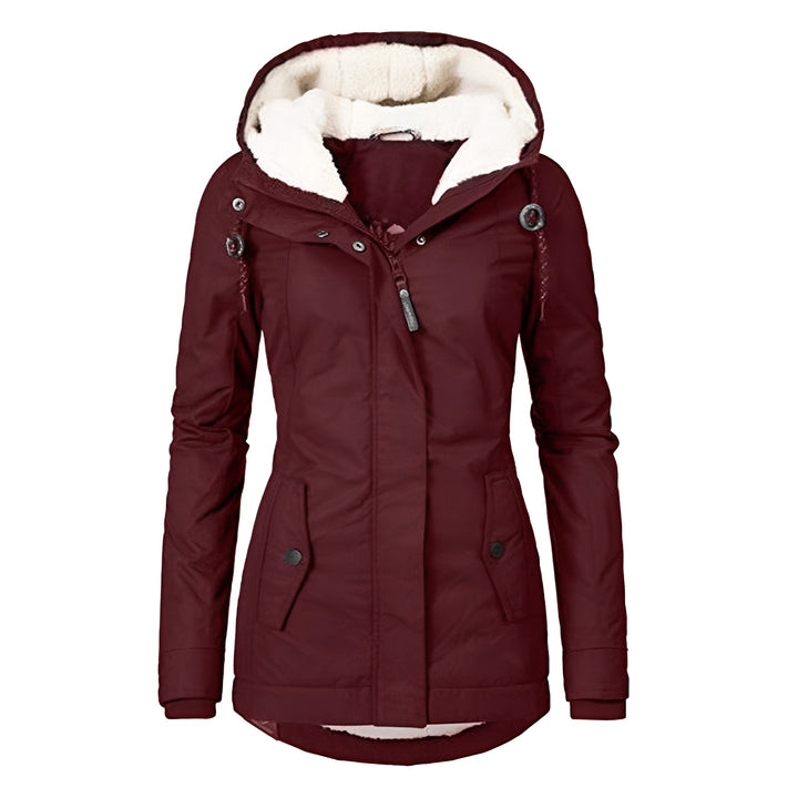 Casaco outwear feminino durável, impermeável e quente, com capuz, para atividades e proteção completa no inverno.