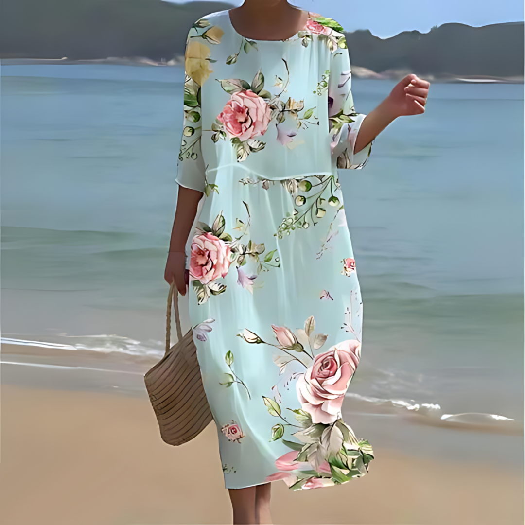 Vestido Midi Feminino Fluido Alina, elegante e confortável para primavera/verão. Ideal para ocasiões especiais.
