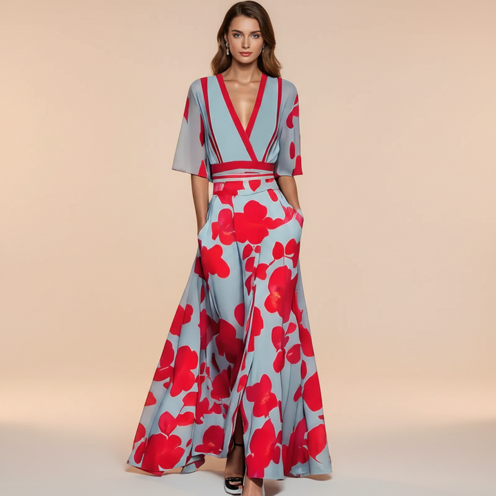 Vestido maxi feminino elegante com decote em V. Perfeito para o verão, moda feminina para ocasiões e eventos.