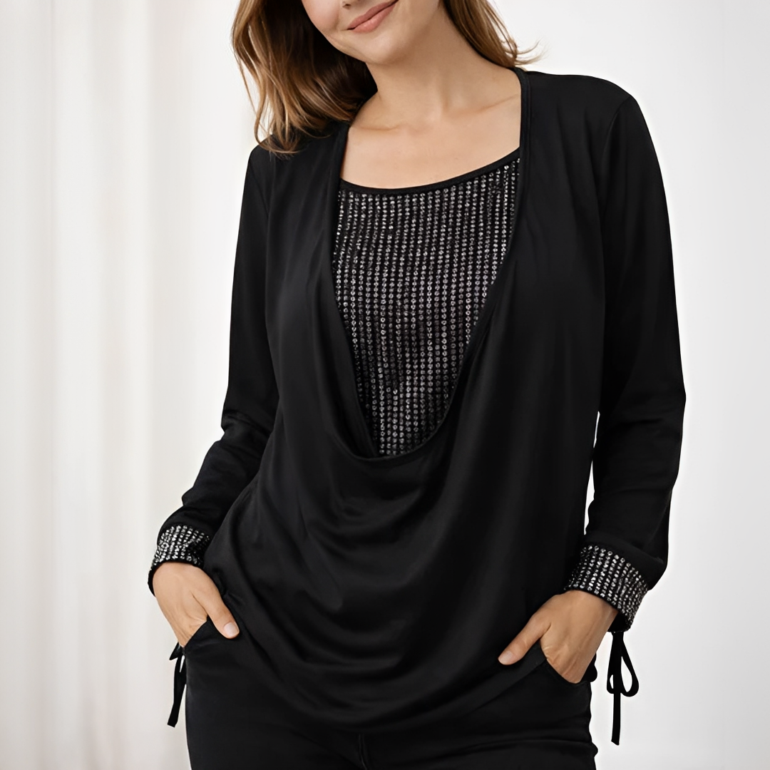 Blusa feminina elegante com mangas longas, roupa casual sofisticada para o trabalho. Top versátil de moda feminina.