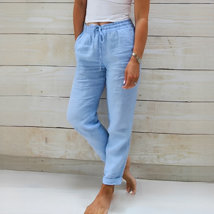 Moda feminina: calças casuais de corte relaxado e cintura elástica para máximo conforto.