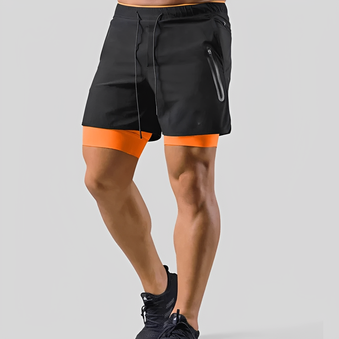 Shorts masculino esportivo confortável, dupla camada. Ideal para treino, academia e corrida no verão.
