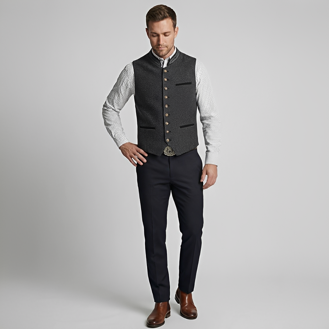 Colete masculino cinza, elegante e casual. Roupa masculina moderna para verão, ideal para um estilo sem mangas e versátil.