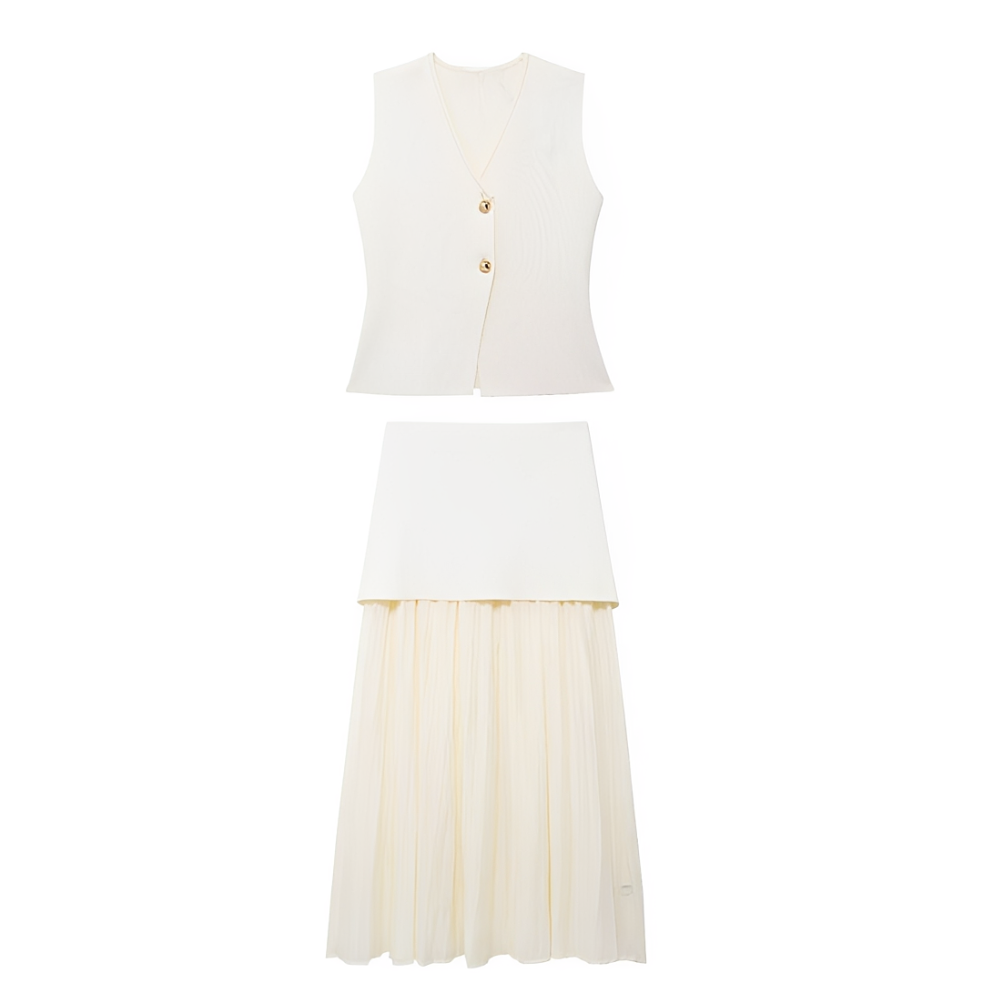 Conjunto feminino elegante de colete e saia casual. Perfeito para primavera/verão e look de escritório. Moda versátil.