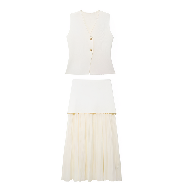 Conjunto feminino elegante de colete e saia casual. Perfeito para primavera/verão e look de escritório. Moda versátil.