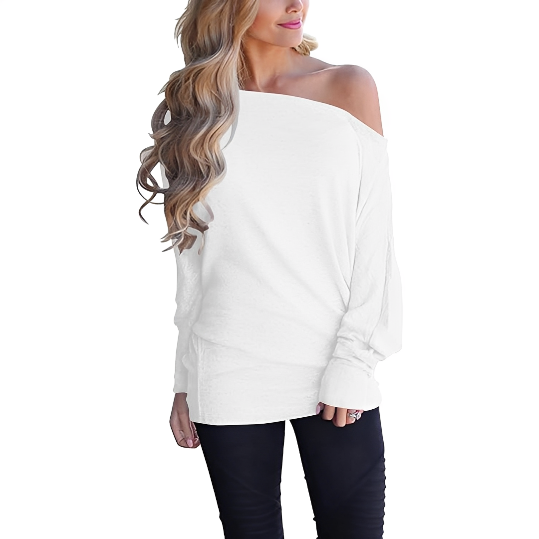 Camisa feminina Cordelia de ombro caído. Blusa casual elegante para primavera e verão, oferece conforto e estilo à mulher.