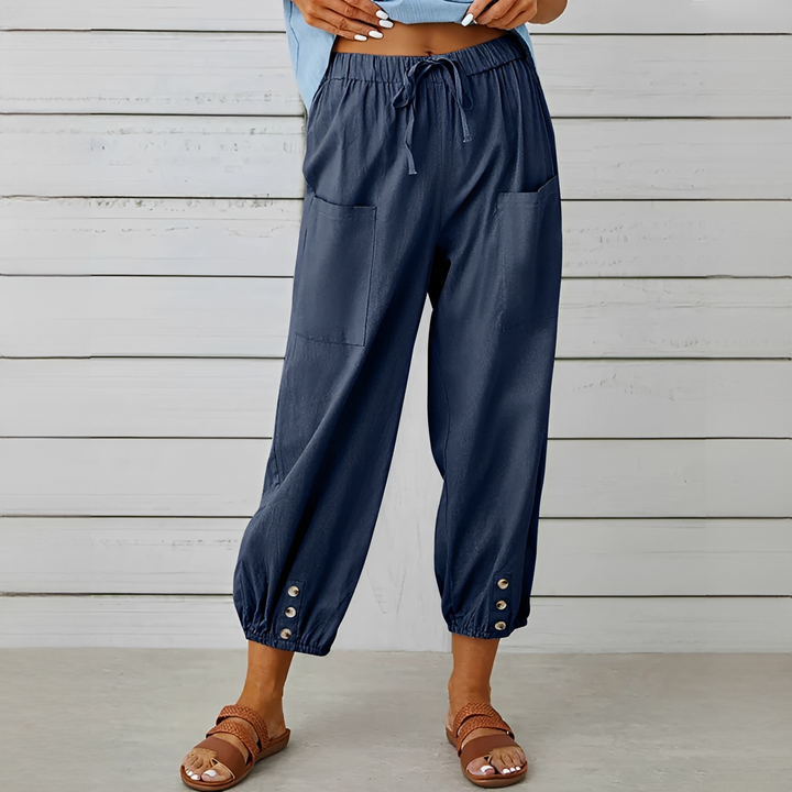 Calças femininas Scarlett modernas, cropped, com cordão para ajuste, perfeitas para moda casual de verão.