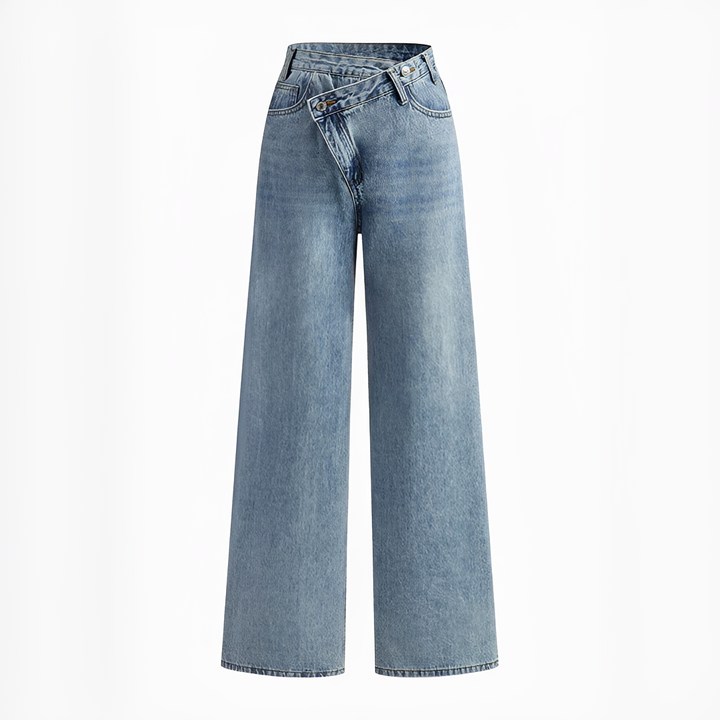 Calças femininas Jolina elegantes com cintura assimétrica e perna larga. Perfeitas para moda verão e primavera.