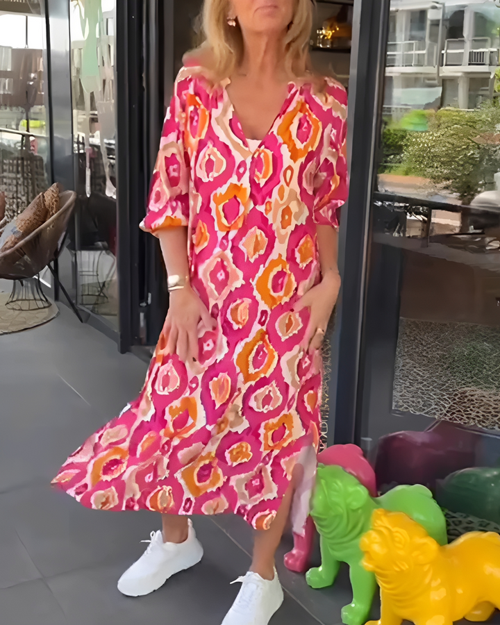 Vestido midi feminino elegante com decote V, perfeito para primavera e verão. Roupa feminina casual e confortável.