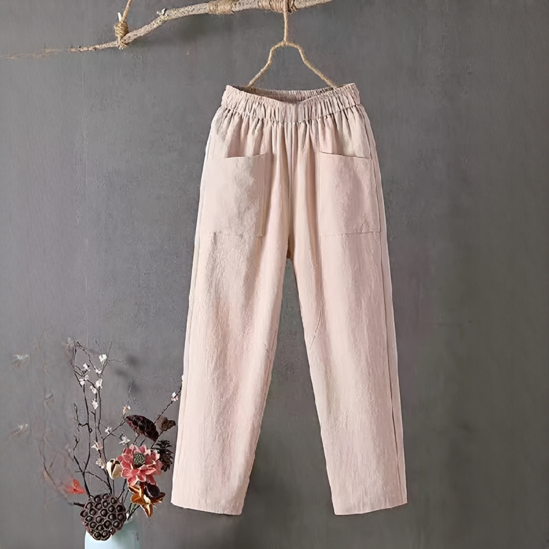 Calça feminina de verão elegante, perfeita para conforto e estilo. Roupa casual versátil para moda descontraída.
