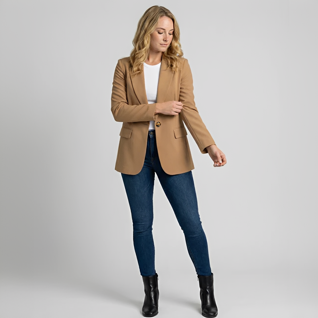 Blazer feminino elegante, ideal para moda mulher, combinando estilo e confiança. Roupa social casual chic.