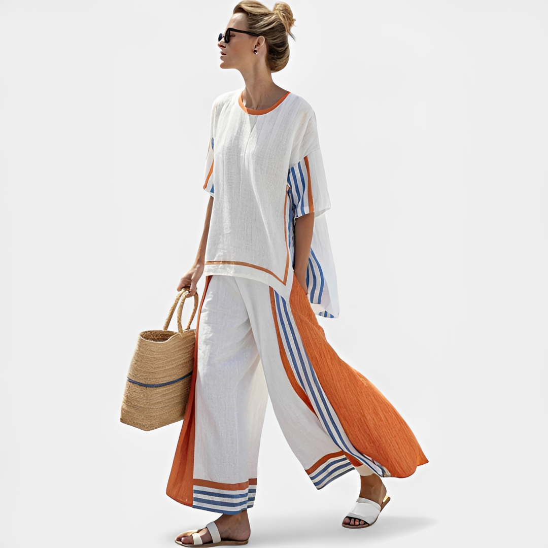 Conjunto feminino Mirthe elegante para verão. Roupa duas peças casual e confortável, perfeita para o dia a dia.