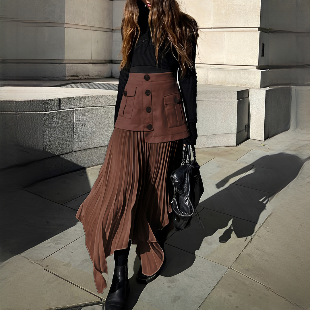 Saia plissada assimétrica feminina elegante midi para moda casual ou escritório, estilo moderno.