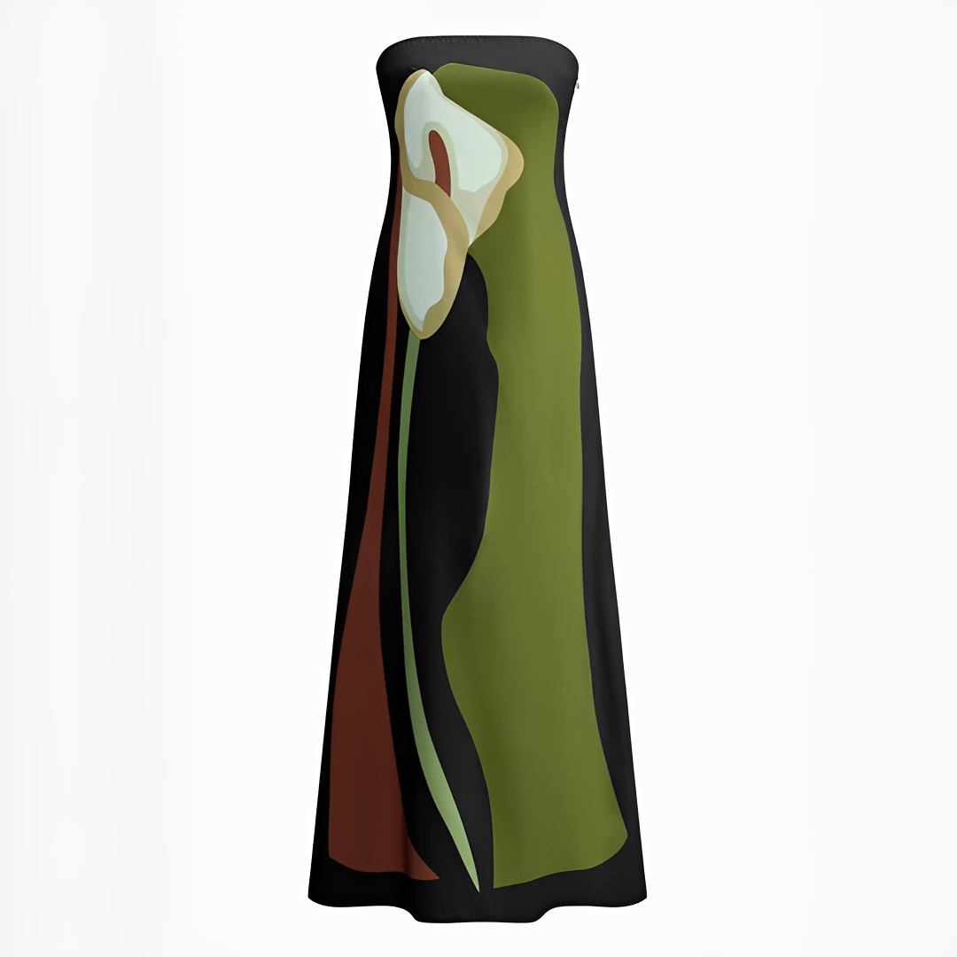 Vestido tomara que caia floral verde, feminino e elegante. Longo, ideal para festas, verão ou casual chic.