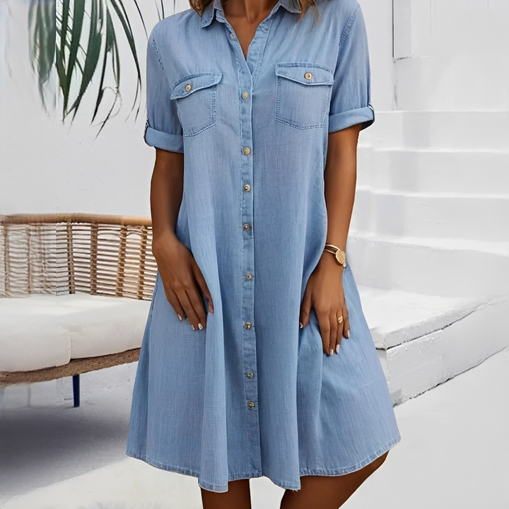 Vestido feminino casual de verão com botões frontais, ideal para o dia a dia e estilo confortável.