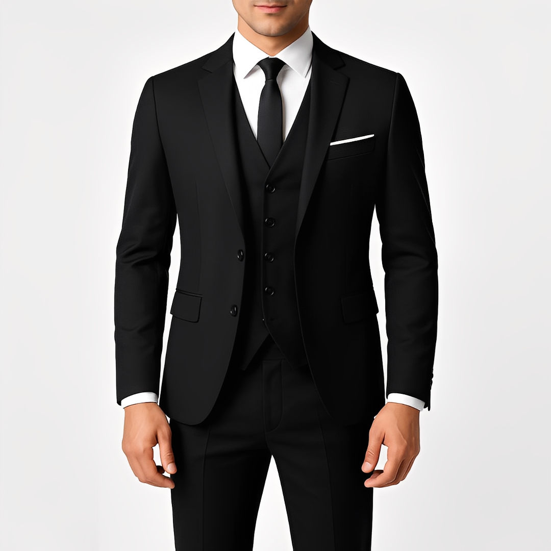 Sofisticado terno masculino 3 peças. Blazer, colete e calça slim fit para um look elegante e memorável.