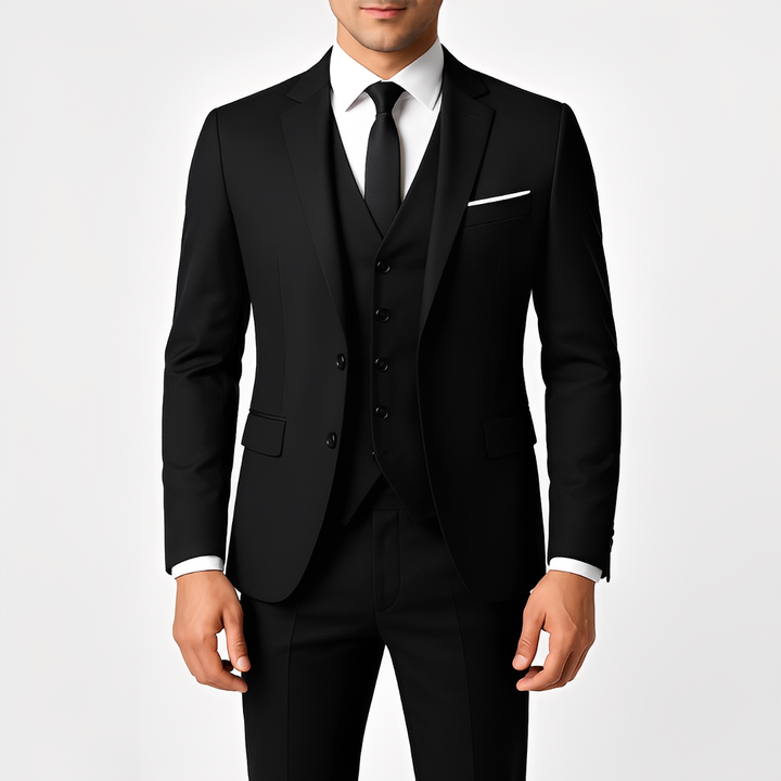 Sofisticado terno masculino 3 peças. Blazer, colete e calça slim fit para um look elegante e memorável.