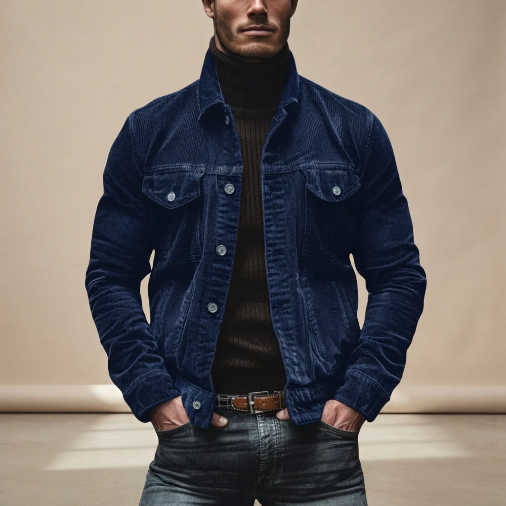 Vista de costas da jaqueta masculina cargo, com caimento perfeito para um look de outono/inverno.