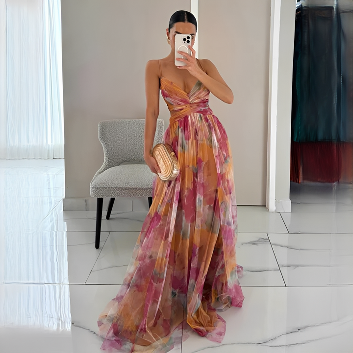 Vestido maxi feminino elegante fluido com cintura cruzada, ideal para verão, festa ou casual chic. Moda feminina.
