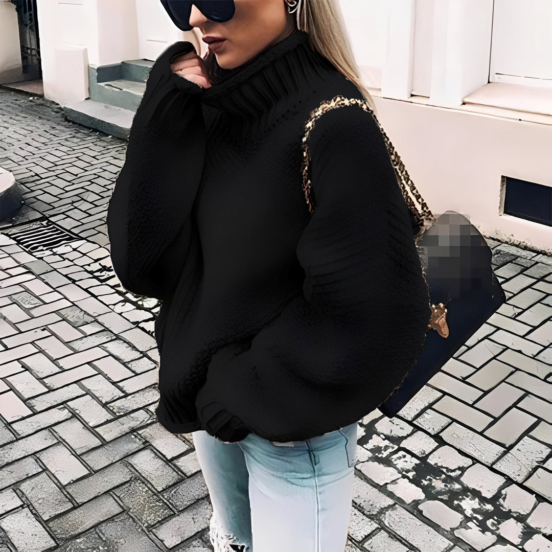Moda inverno feminina: suéter gola alta aconchegante. Pulôver quente, elegante e confortável para mulheres.