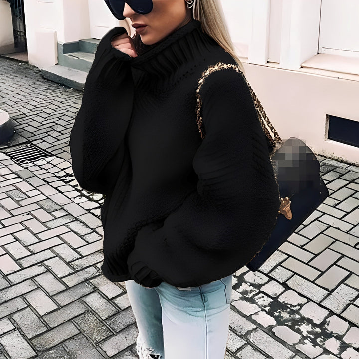 Moda inverno feminina: suéter gola alta aconchegante. Pulôver quente, elegante e confortável para mulheres.