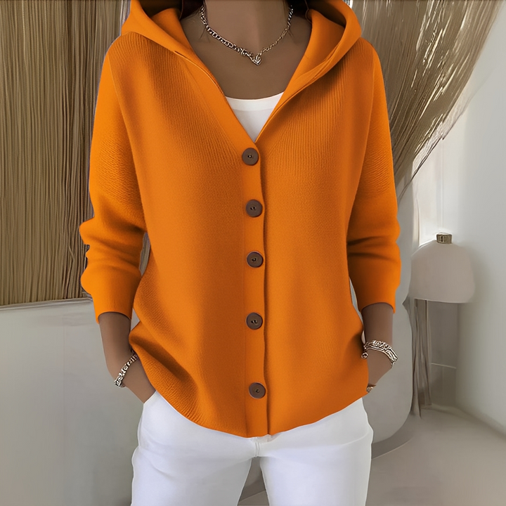 Cardigan feminino para sobrepor, com capuz e manga longa, ideal para looks de outono/inverno.