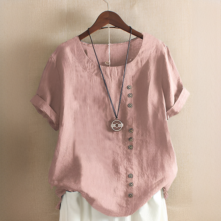 Blusa feminina de caimento solto, com botões, para um estilo casual de verão. Roupa feminina versátil.