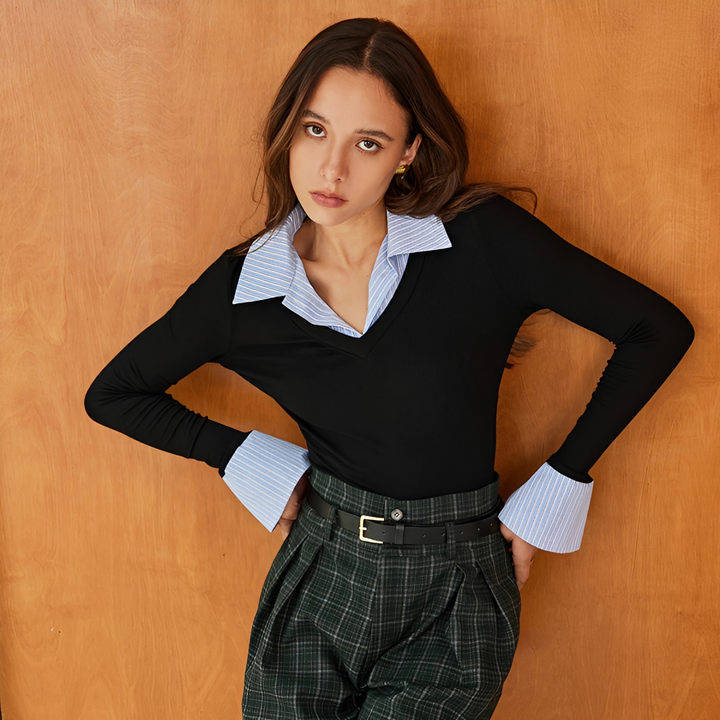 Camisa feminina manga longa, confortável e versátil, para looks casuais de outono e inverno.