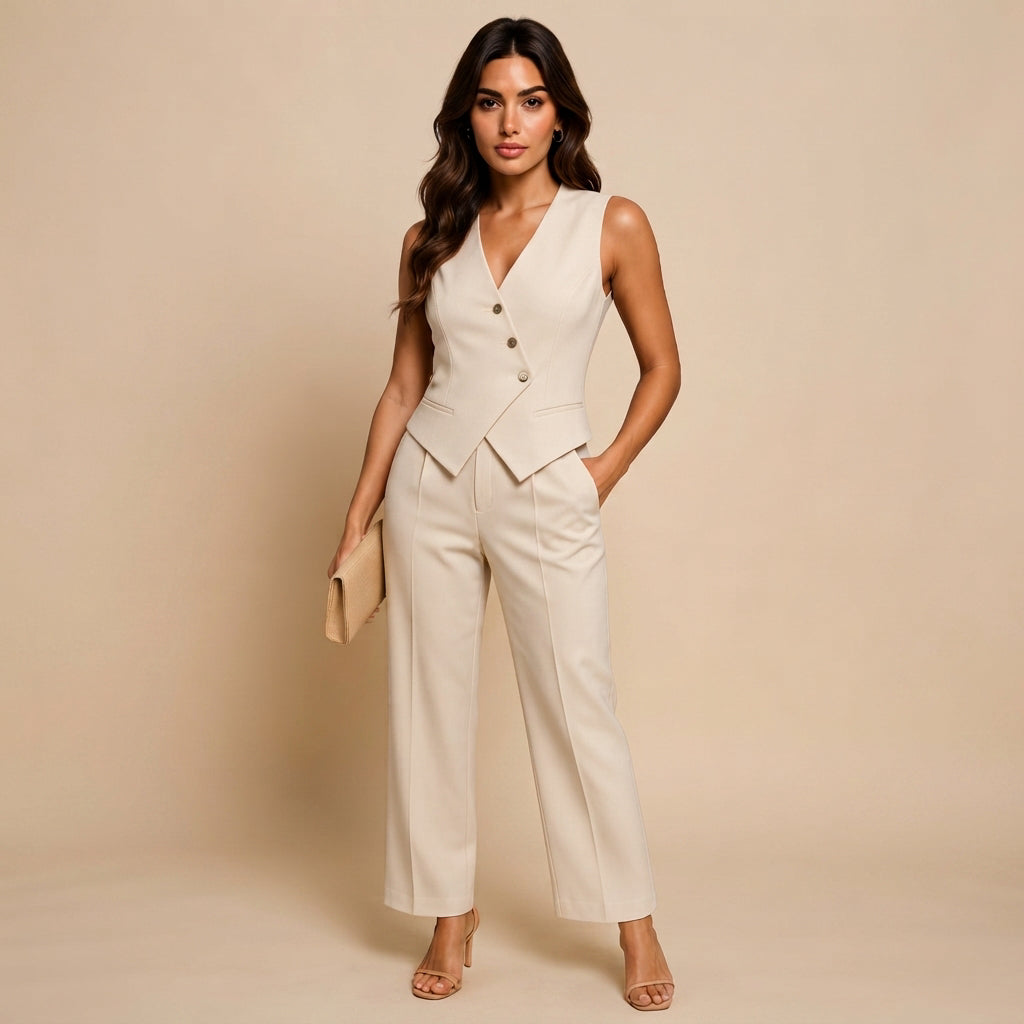 Conjunto feminino bege versátil com colete e calças. Ideal para look casual chique ou roupa de trabalho no verão.
