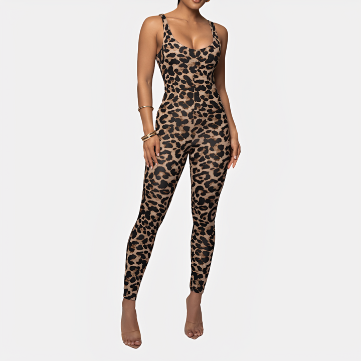 Macacão feminino estampado de verão, modelagem justa, peça única, look estiloso e confortável.