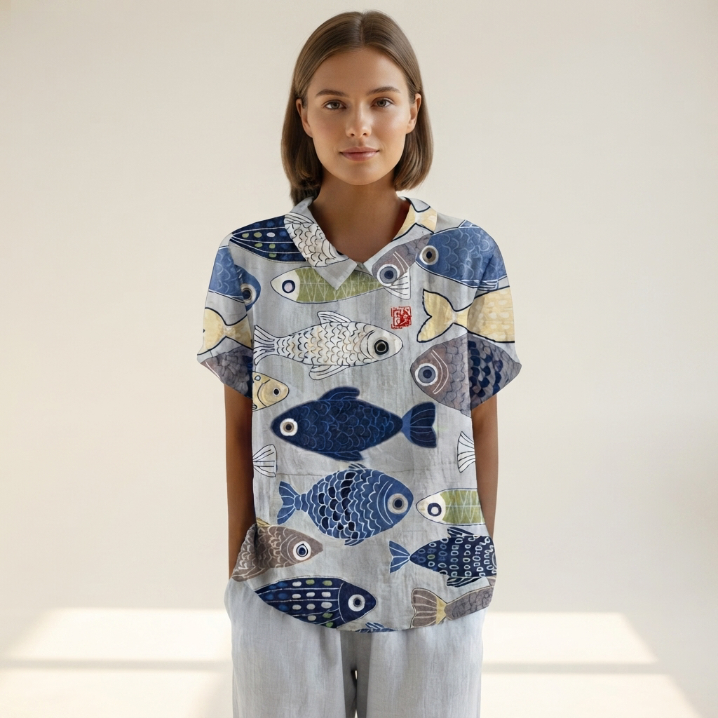 Blusa feminina floral para verão, elegante e confortável, com manga curta e decote redondo. Roupa casual de primavera.
