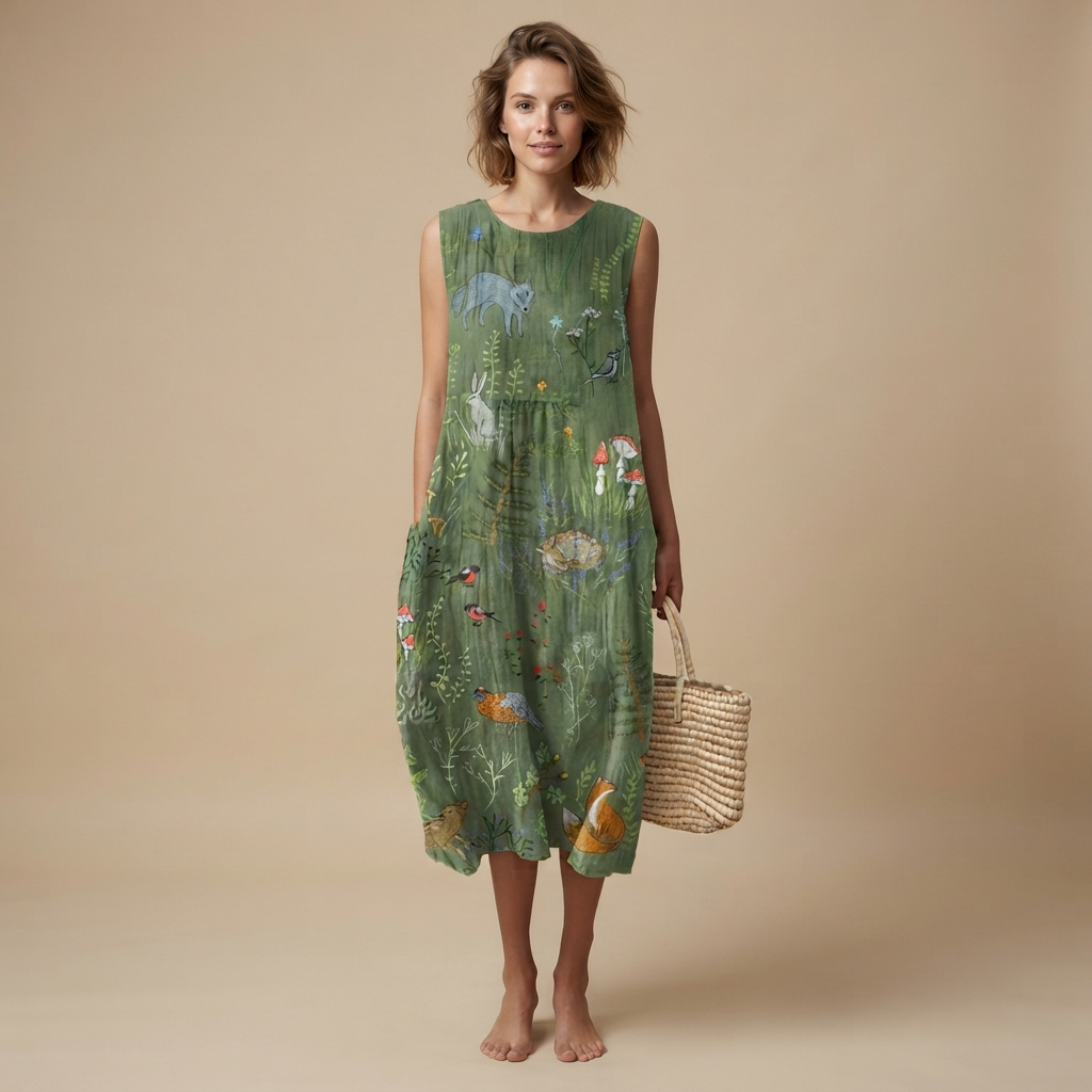 Roupa de verão: vestido feminino fluido e confortável, sem mangas, para praia ou uso casual e elegante.