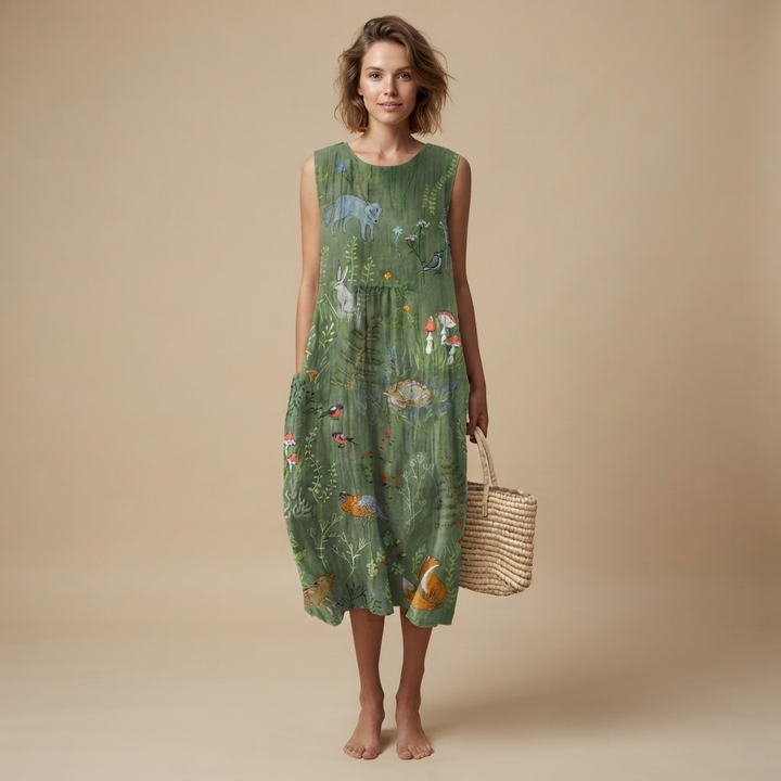 Roupa de verão: vestido feminino fluido e confortável, sem mangas, para praia ou uso casual e elegante.