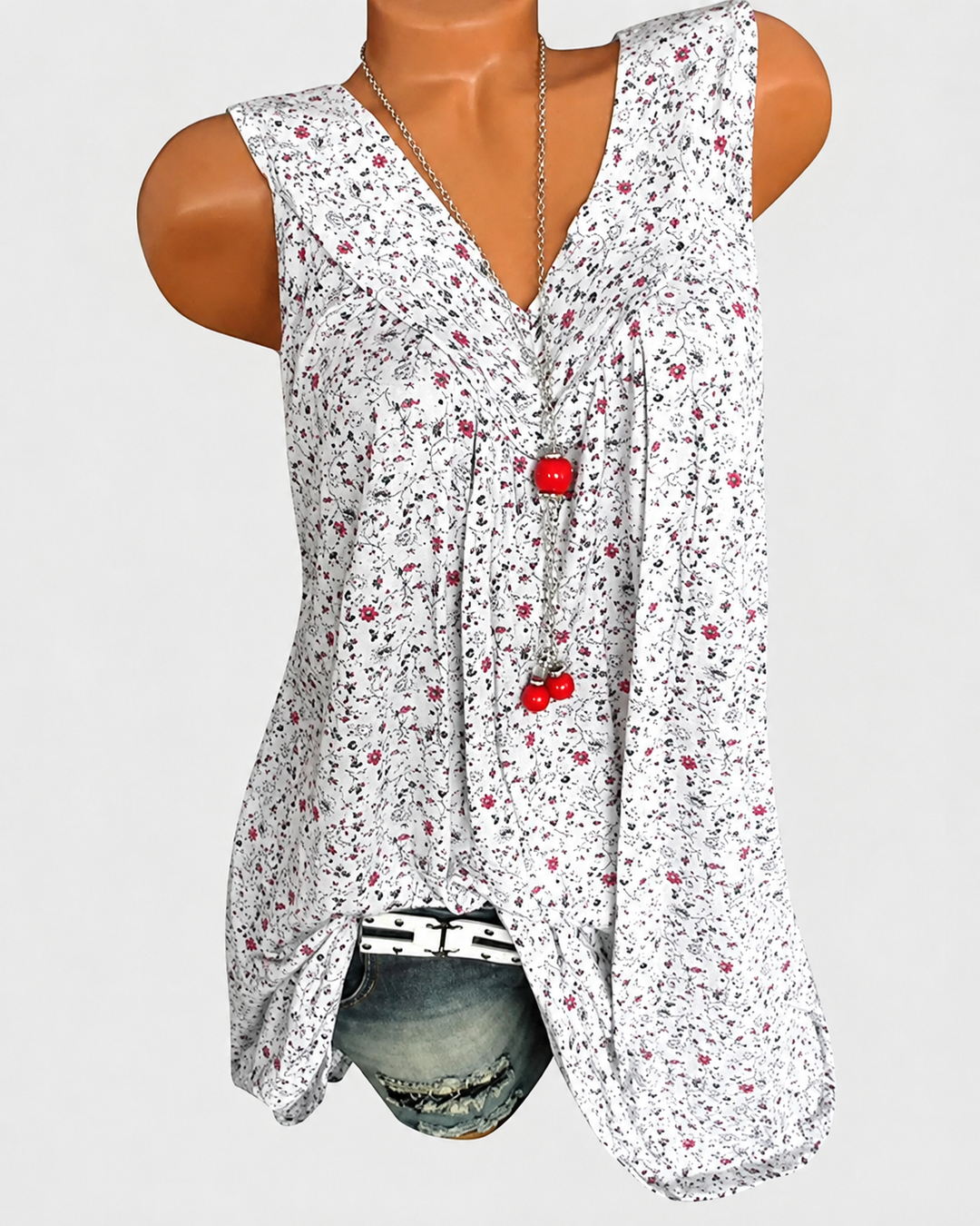 Top fluido feminino sem mangas para verão. Estilo casual e fresco, decote V.
