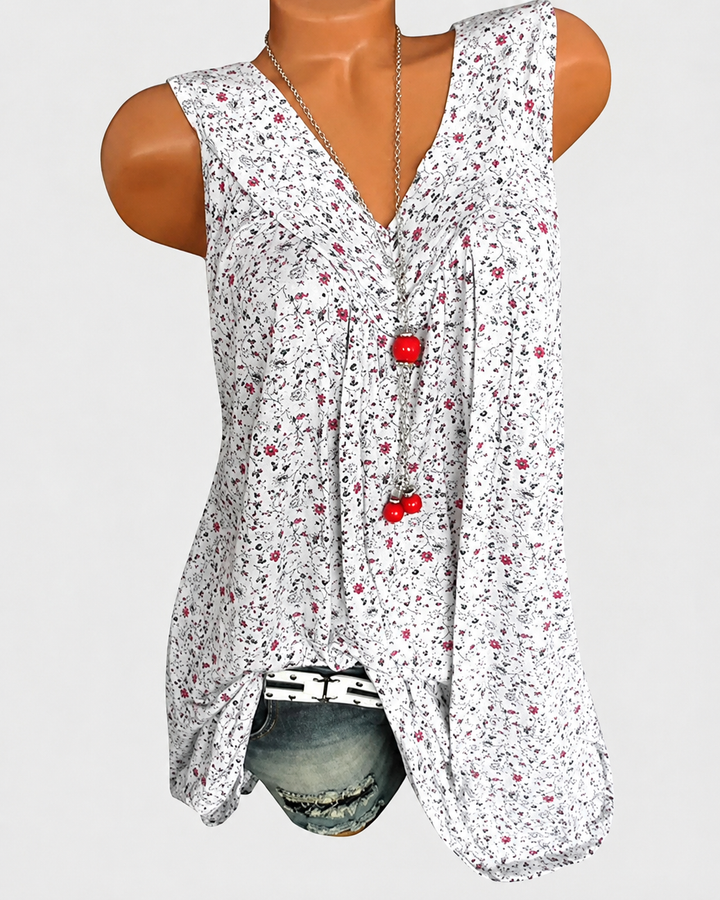 Top fluido feminino sem mangas para verão. Estilo casual e fresco, decote V.