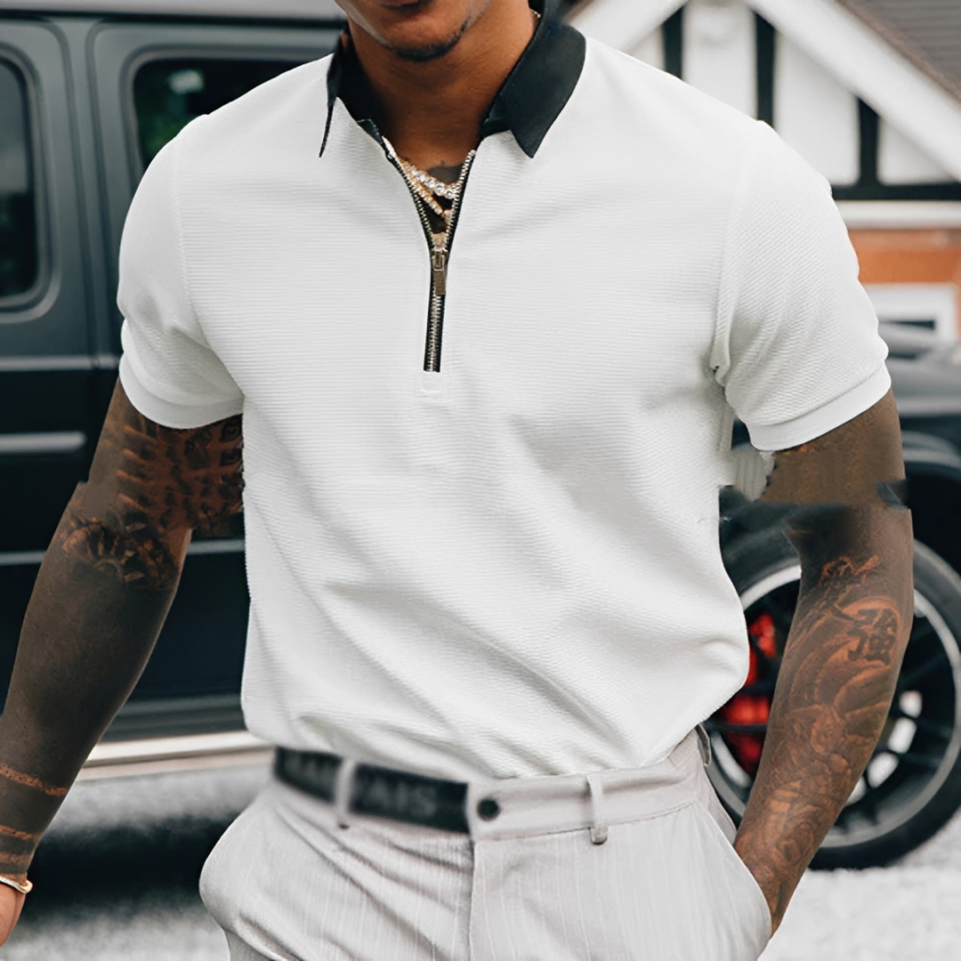 Camisa polo masculina branca casual Melton com manga curta, ideal para o verão e moda masculina com estilo moderno.