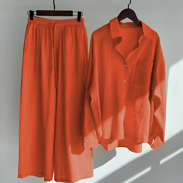 Conjunto de 2 peças feminino, calças soltas e blusa. Visual casual moderno, perfeito para o verão.