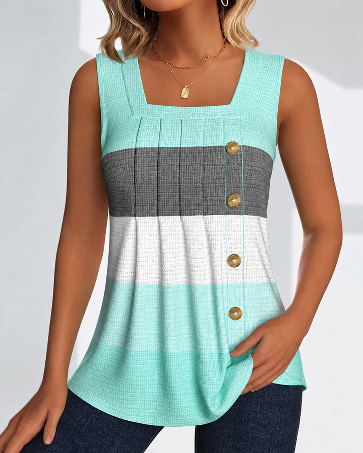 Vista frontal da blusa feminina plissada listrada sem mangas, ideal para o verão casual e dia a dia.
